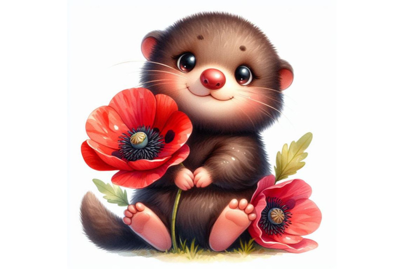 cute-teddy-mole-holding-a-red-poppy-illustration-watercolor