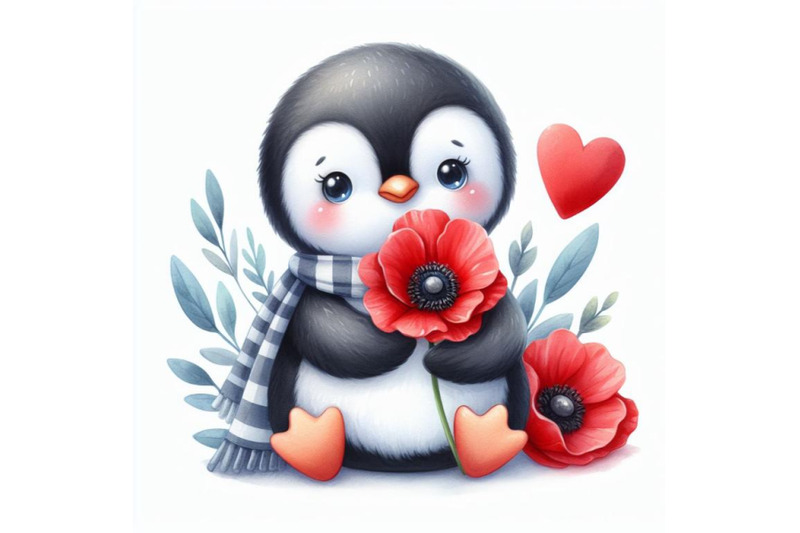 cute-teddy-penguin-holding-a-red-poppy-illustration-watercolor