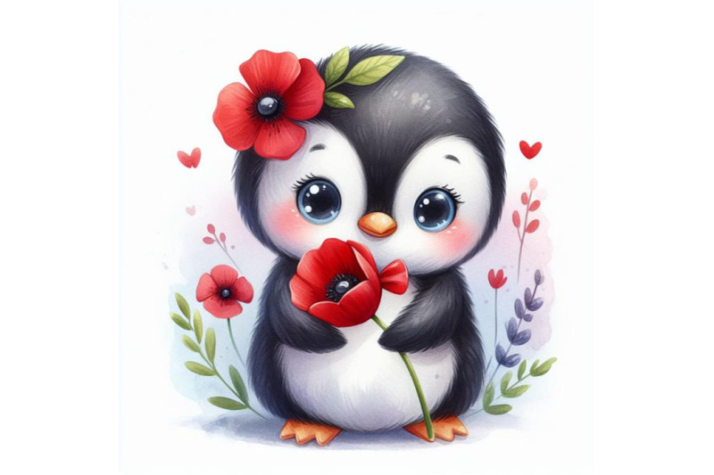 cute-teddy-penguin-holding-a-red-poppy-illustration-watercolor