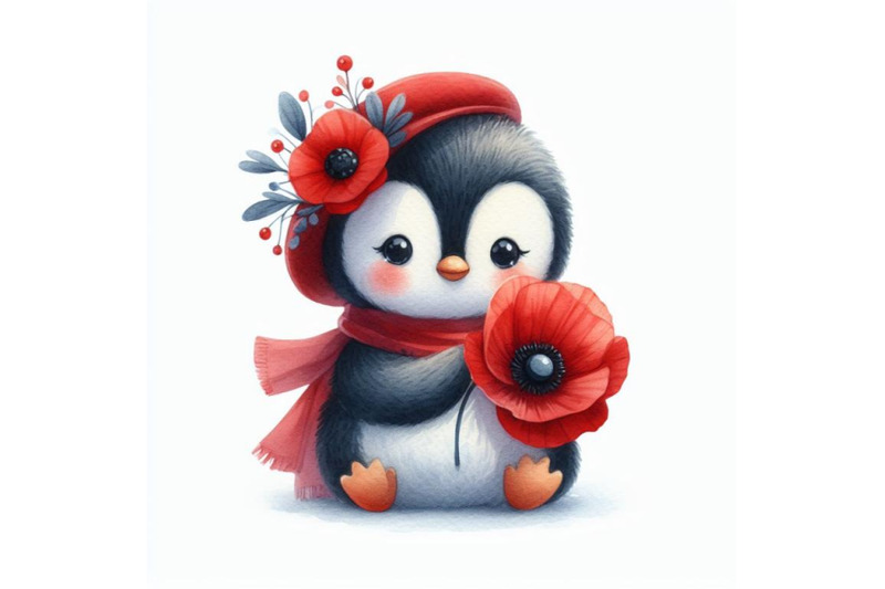 cute-teddy-penguin-holding-a-red-poppy-illustration-watercolor