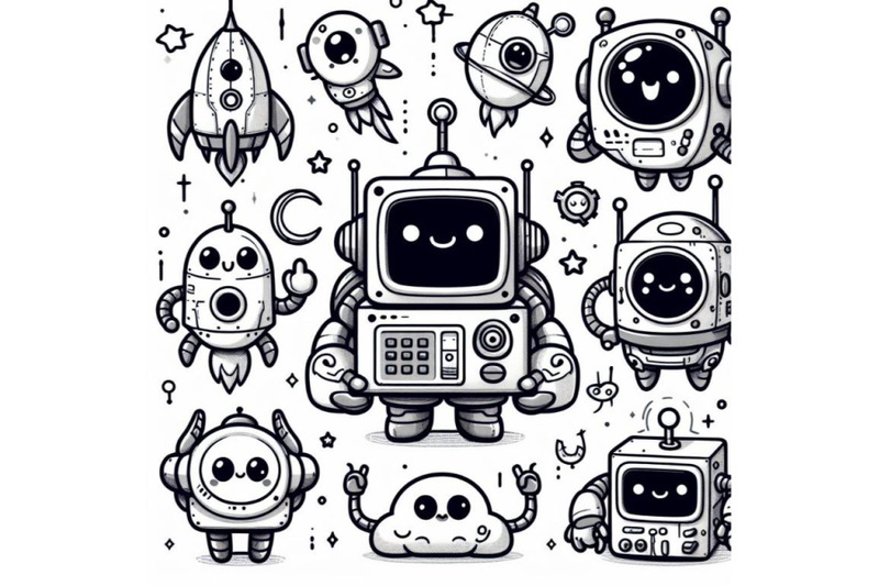 digital-art-cute-cartoon-robot-line-art-on-white-background