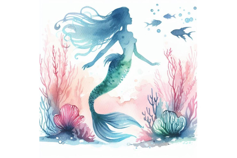 sets-of-8-watercolor-mermaid-silhouette-soft-color