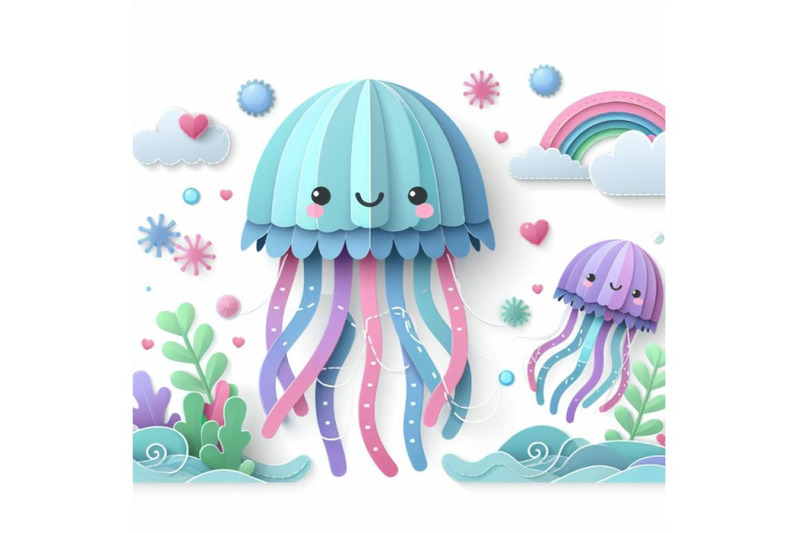 isolated-cute-jellyfish-paper-art-layer-background-vector