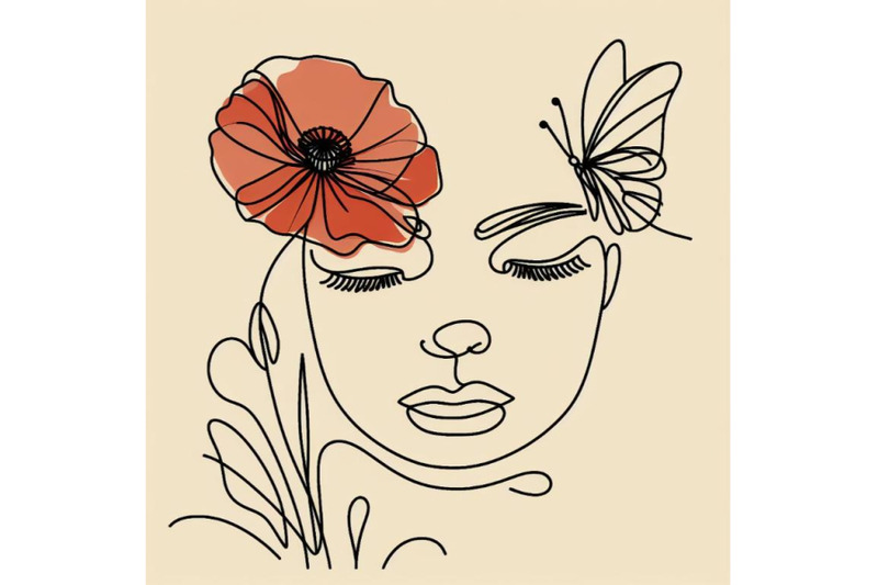 one-single-line-drawing-poppy-with-butterfly-line-art