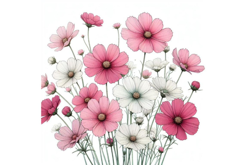 pink-and-white-cosmos-bouquet-hand-drawing-minimal-art