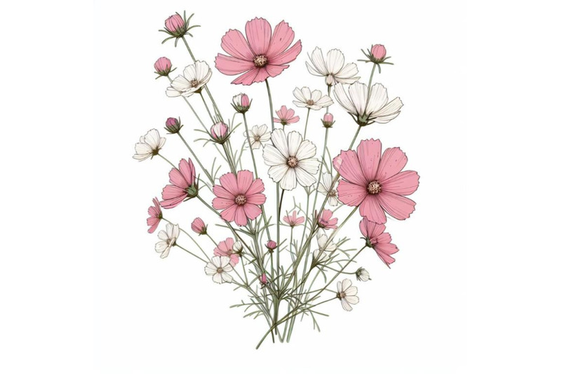 pink-and-white-cosmos-bouquet-hand-drawing-minimal-art