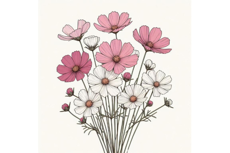 pink-and-white-cosmos-bouquet-hand-drawing-minimal-art