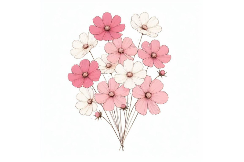 pink-and-white-cosmos-bouquet-hand-drawing-minimal-art