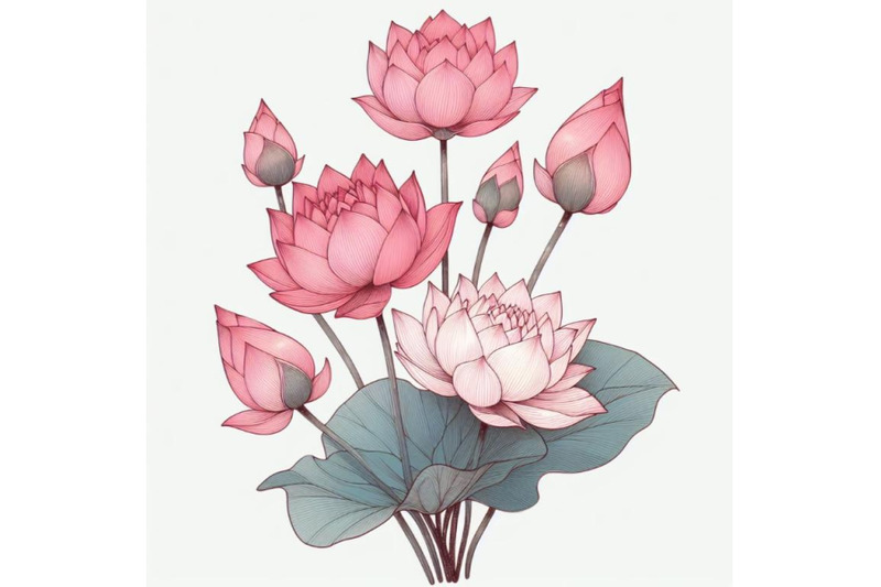 pink-lotus-bouquet-hand-drawing-minimal-art-flower