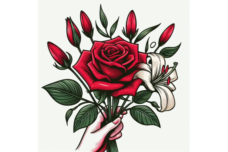 red-rose-bouquet-hand-drawing-lily-minimal-art-flower