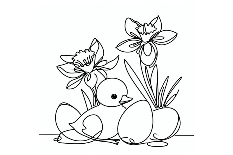 abstract-baby-duck-eggs-blooming-narcissus-flower-continuous-one-lin