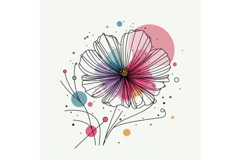 abstract-line-art-of-cosmos-flower-with-color-splats-cosmos-contour-d