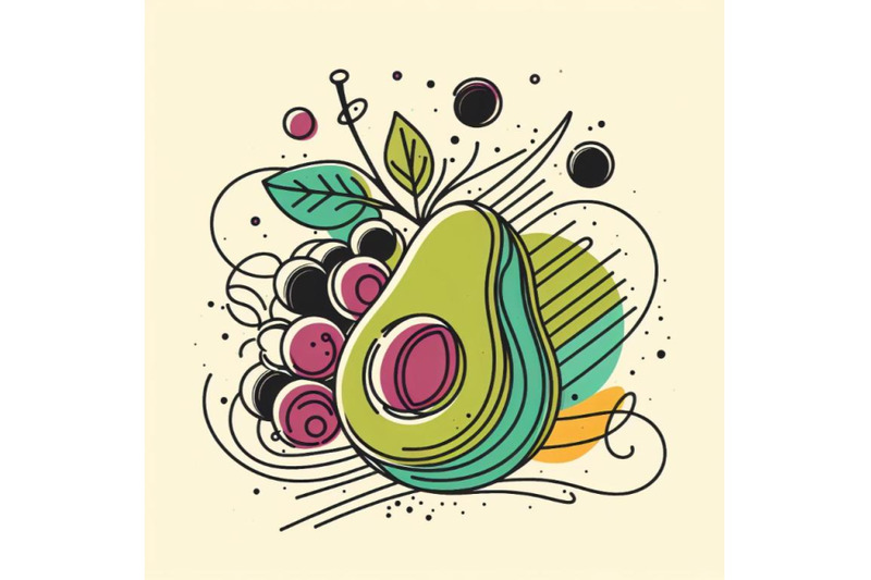 abstract-line-art-of-grapes-with-color-splats-avocado-contour-drawing