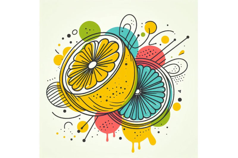 abstract-line-art-of-lemon-with-color-splats-lemon-contour-drawing