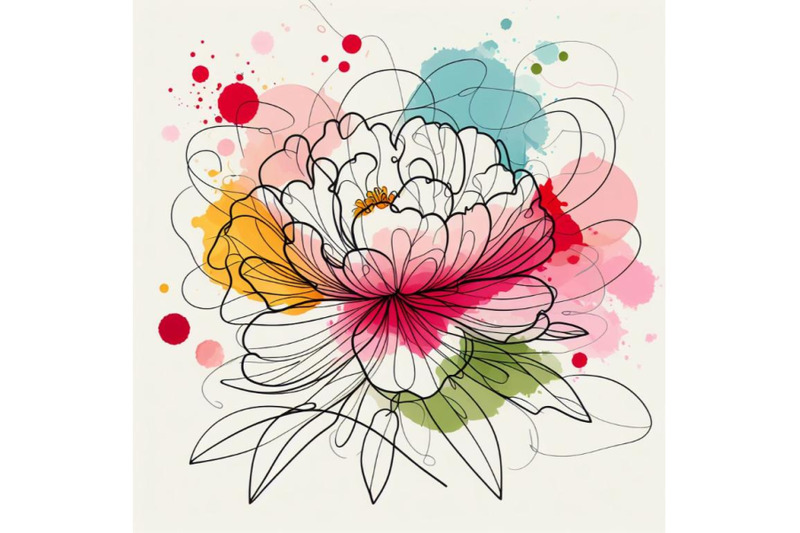 abstract-line-art-of-peony-flower-with-color-splats-peony-contour-dra