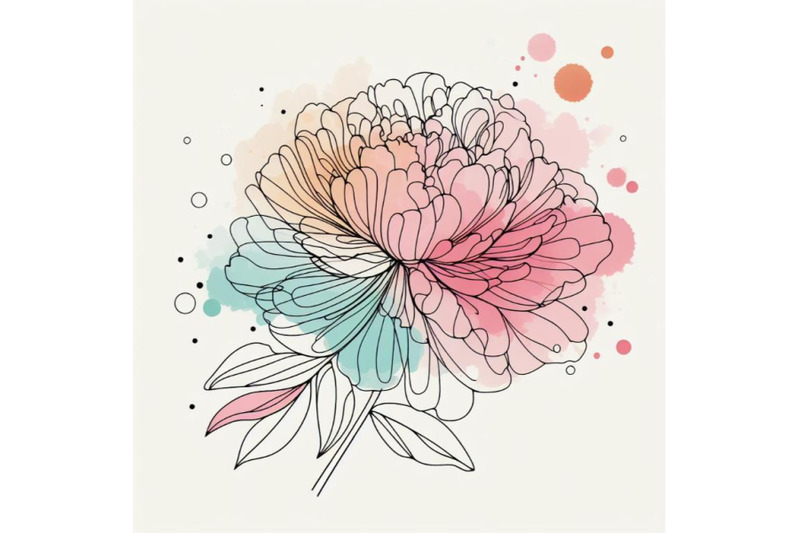 abstract-line-art-of-peony-flower-with-color-splats-peony-contour-dra