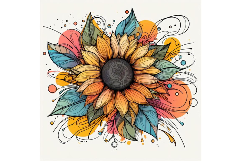 abstract-line-art-of-tropical-sunflower-with-color-splats