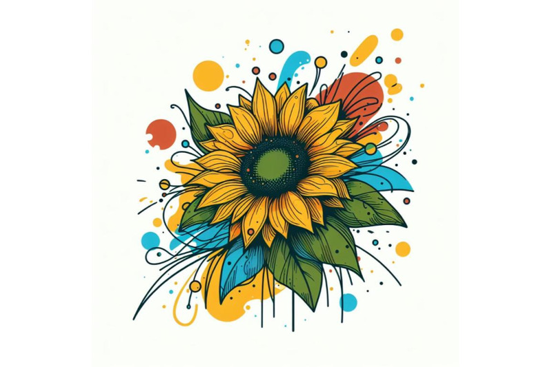 abstract-line-art-of-tropical-sunflower-with-color-splats