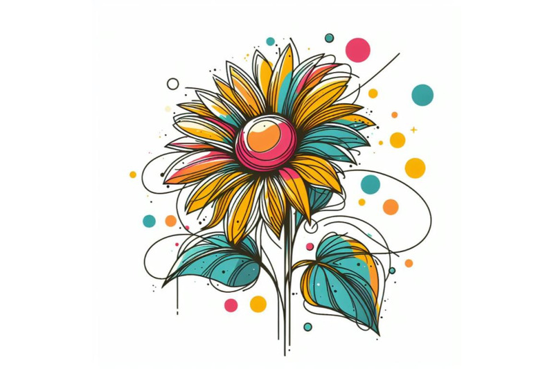 abstract-line-art-of-tropical-sunflower-with-color-splats