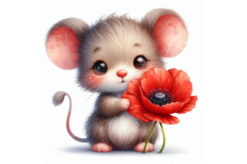 cute-teddy-mouse-holding-a-red-poppy-illustration-watercolor