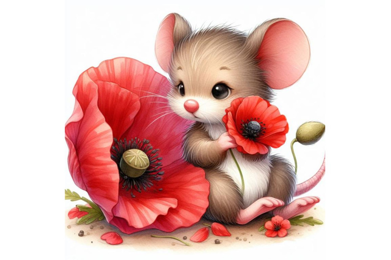 cute-teddy-mouse-holding-a-red-poppy-illustration-watercolor