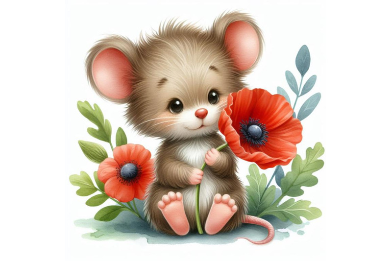 cute-teddy-mouse-holding-a-red-poppy-illustration-watercolor