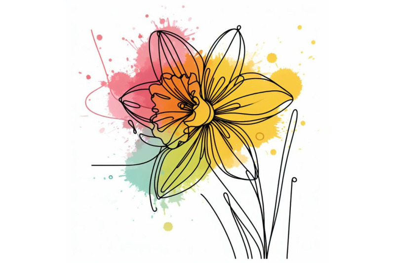 abstract-line-art-of-daffodil-flower-with-color-splats-daffodil