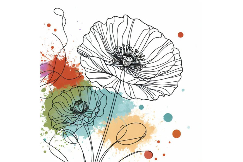 abstract-line-art-of-poppy-flower-with-color-splats