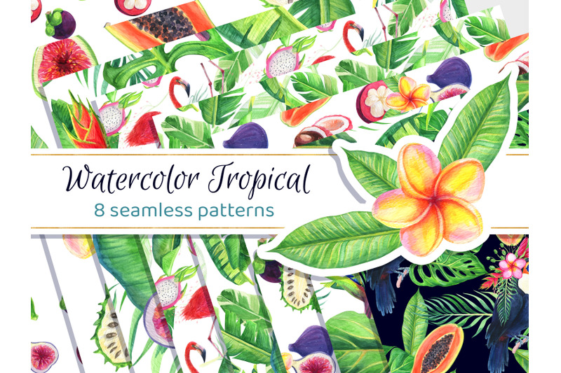 watercolor-clipart-tropical-summer-hawaii-digital-paper-palm-leaf-seam
