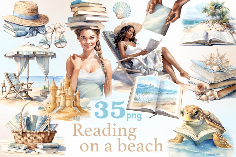 reading-on-a-beach-clipart-summer-png-set
