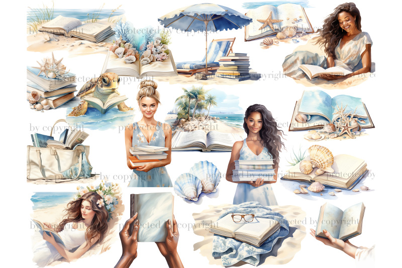 reading-on-a-beach-clipart-summer-png-set