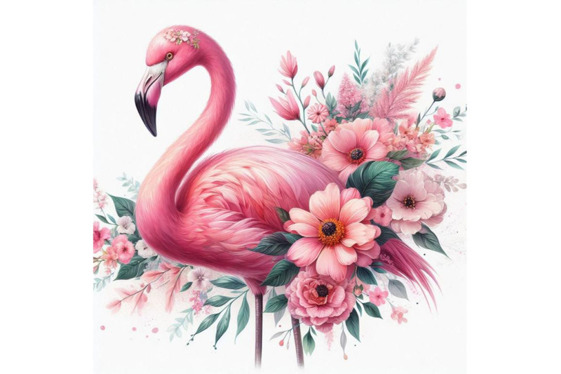 12-pink-flamingo-with-flowers-set