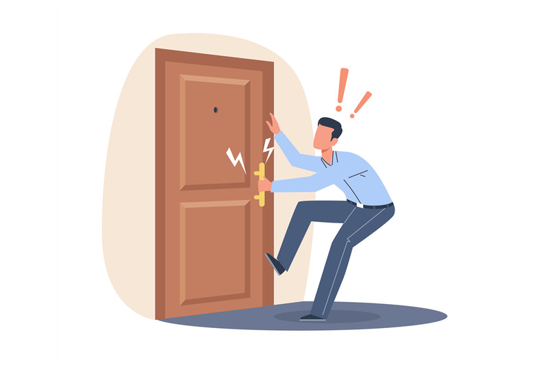 male-businessman-pulls-handle-of-closed-door-with-force-business-prob