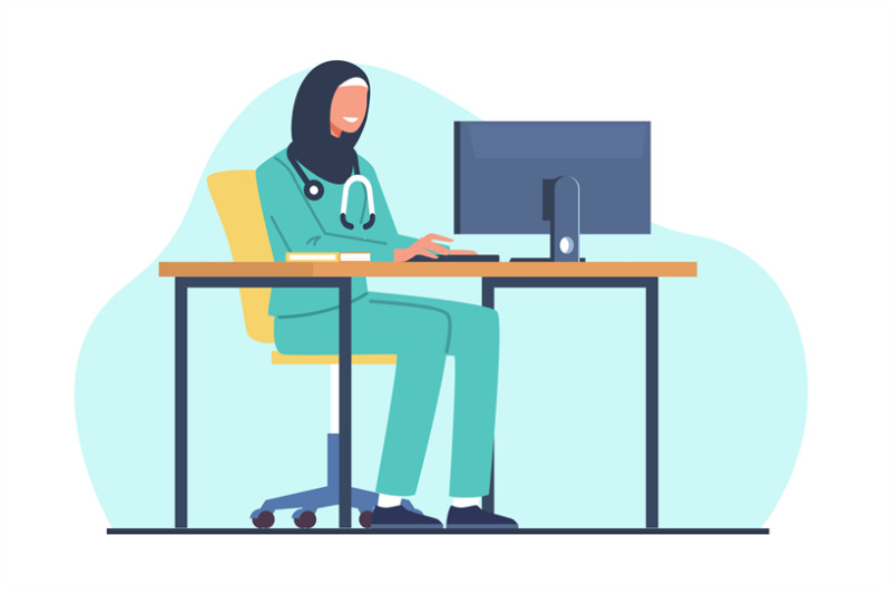 muslim-female-doctor-works-on-computer-arab-women-in-hijab-medical-s