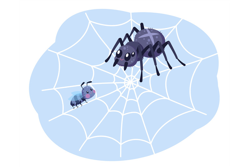 spider-with-fly-in-web-cute-funny-insects-happy-bug-or-beetle-in-bla