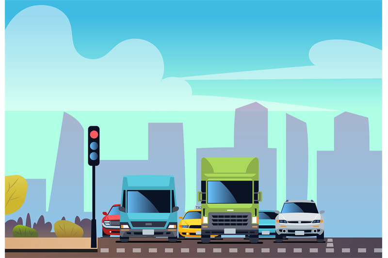 cars-at-intersection-waiting-for-green-traffic-signal-truck-van-and-t