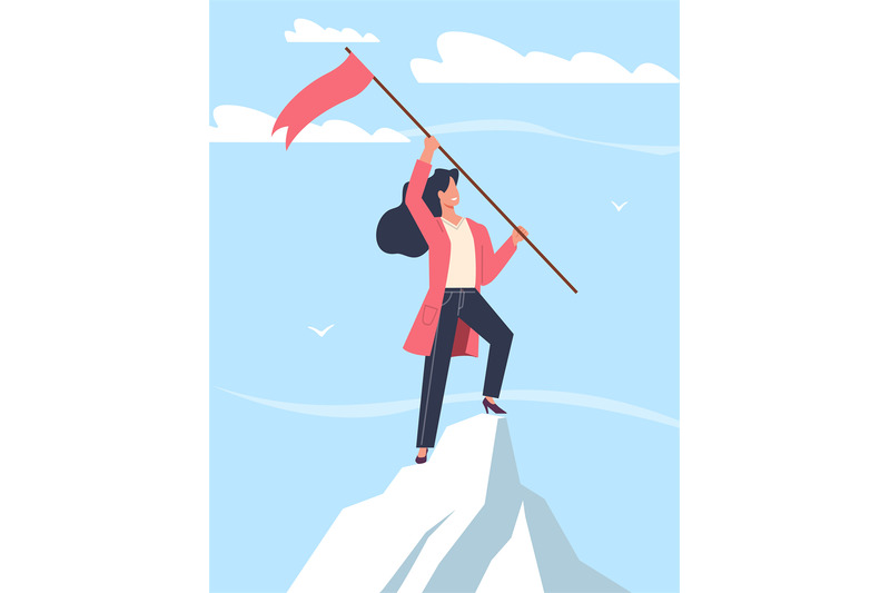 concept-of-achieving-success-business-woman-raising-flag-on-top-of-mo