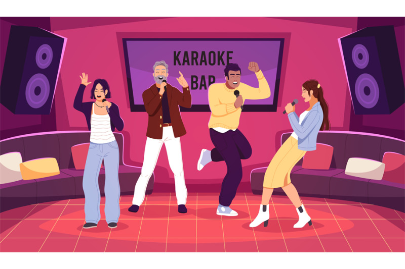 happy-people-in-karaoke-club-group-of-friends-sing-into-microphones