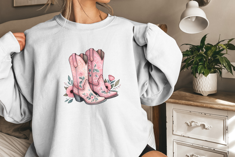 coquette-cowgirl-boots-png-pink-floral-tee-clipart-trendy-western-sublimation-design-aesthetic-baby-tee-cottagecore-instant-download
