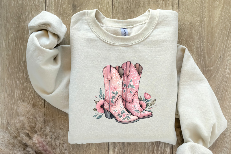 coquette-cowgirl-boots-png-pink-floral-tee-clipart-trendy-western-sublimation-design-aesthetic-baby-tee-cottagecore-instant-download