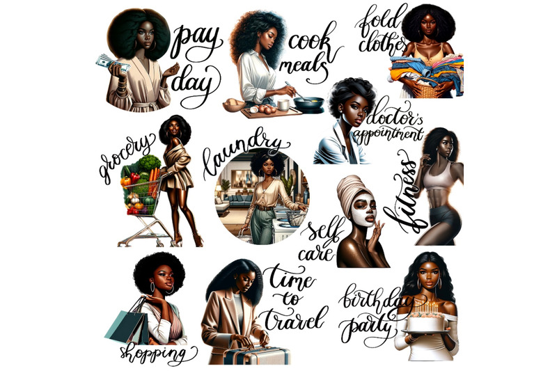 black-woman-png-daily-routine-stickers-illustrated-stickers