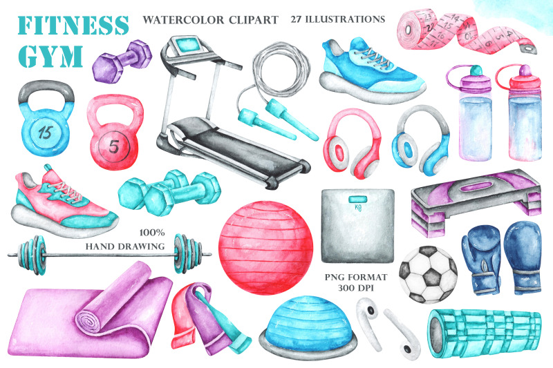 gym-fitness-sport-watercolor-clipart-sports-equipment-png