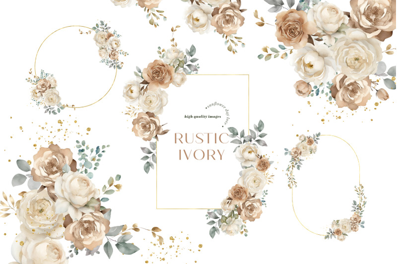 elegant-rustic-ivory-flowers-bouquets-clipart-gold-geometric-frames