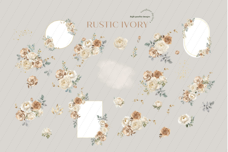 elegant-rustic-ivory-flowers-bouquets-clipart-gold-geometric-frames