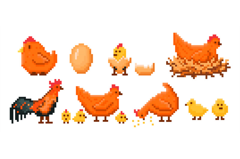 farm-chicken-pixel-art-chick-hatching-from-egg-hen-on-nest-rooster