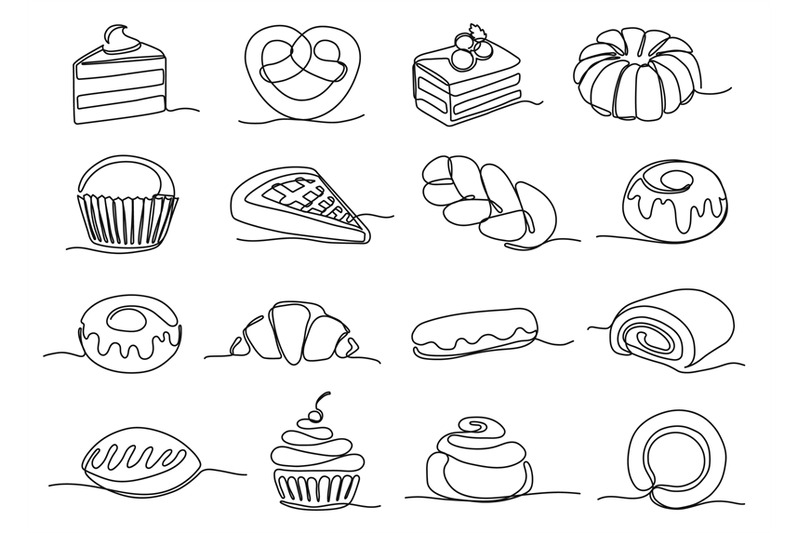 continuous-one-line-sweet-bakery-pastry-and-dessert-icons-vector-illu