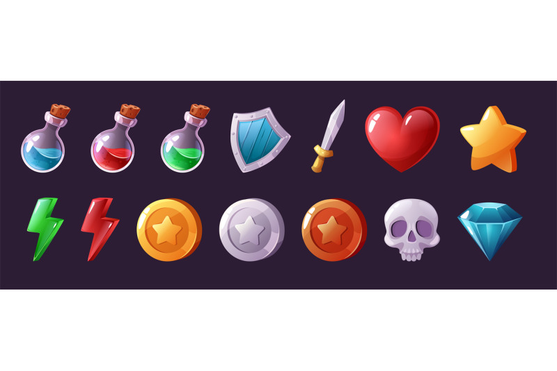 cartoon-game-icons-potion-vials-and-magic-elixirs-health-heart-and-p