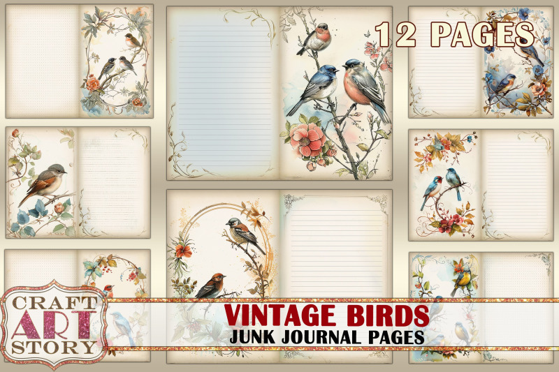 birds-junk-journal-pages-retro-scrapbook-shabby-chic