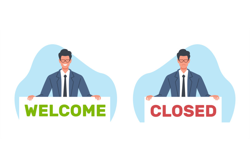 man-in-suit-with-sign-saying-welcome-and-closed-male-character-hold