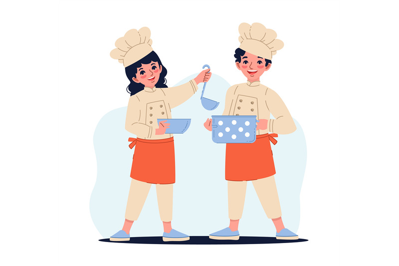 cheerful-boy-and-girl-in-chef-costume-holding-pot-and-plate-happy-kid